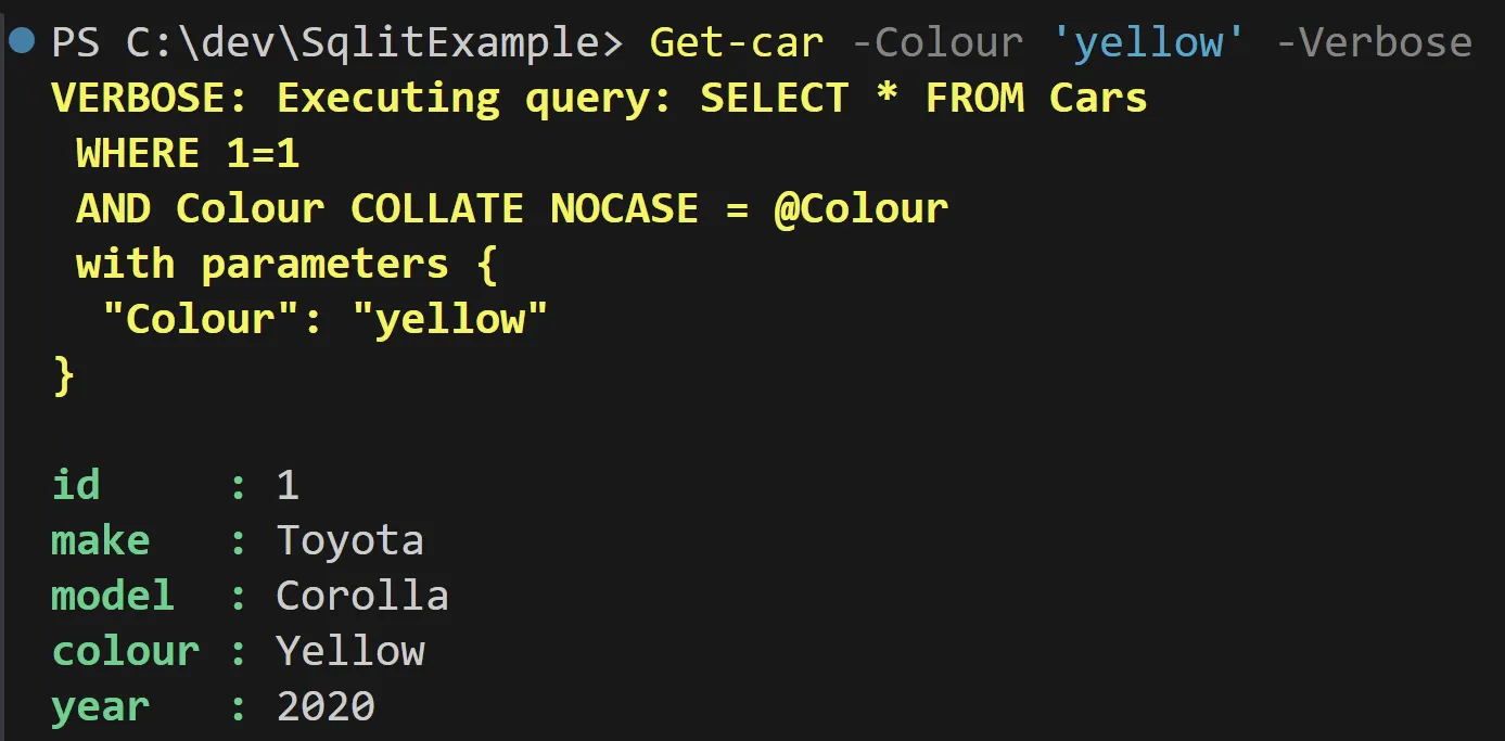 Generated SQL and yellow car query result