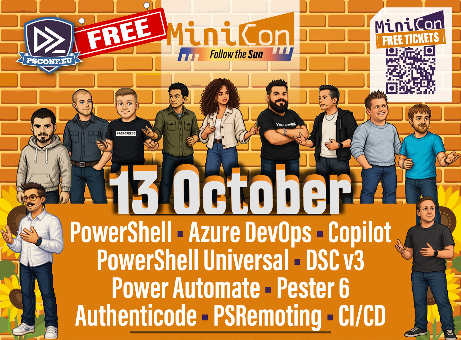 Pixel-art line-up of the PSConfEU MiniCon speakers