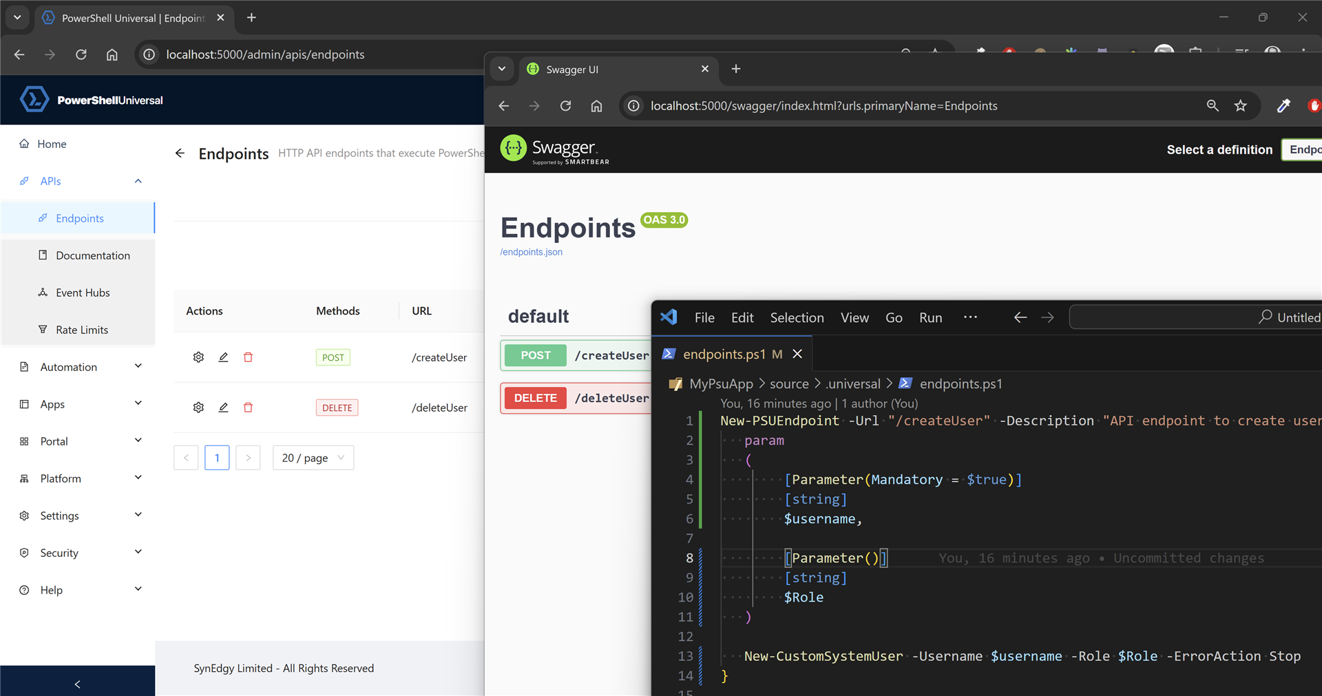 PowerShell Universal API shown as a PowerShell definition, administration entry, and generated Swagger endpoint